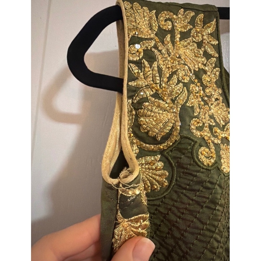 Vintage Olive Green Gold Embroidered Sequin Sleeveless Fit Flare Dress Womens - Picture 7 of 8